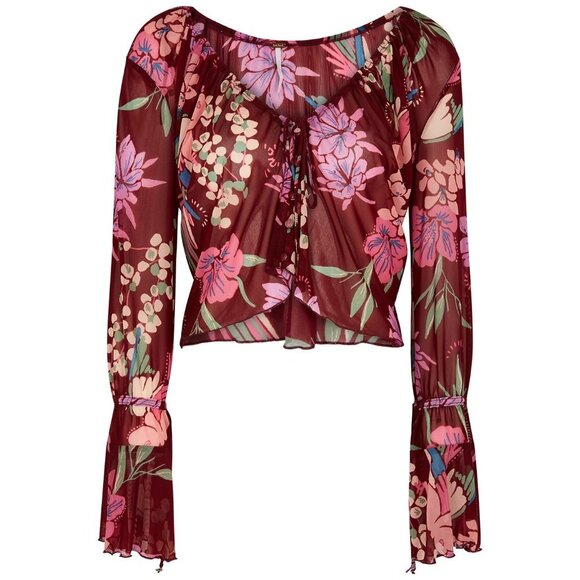 Free People Red Floral Piece Of Paradise Blouse Bell Sleeve Tie Front Crop Top S - Picture 16 of 16